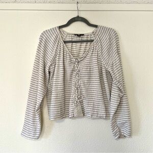 American Eagle Women Medium Striped Lace Up Front Cropped Long Sleeve